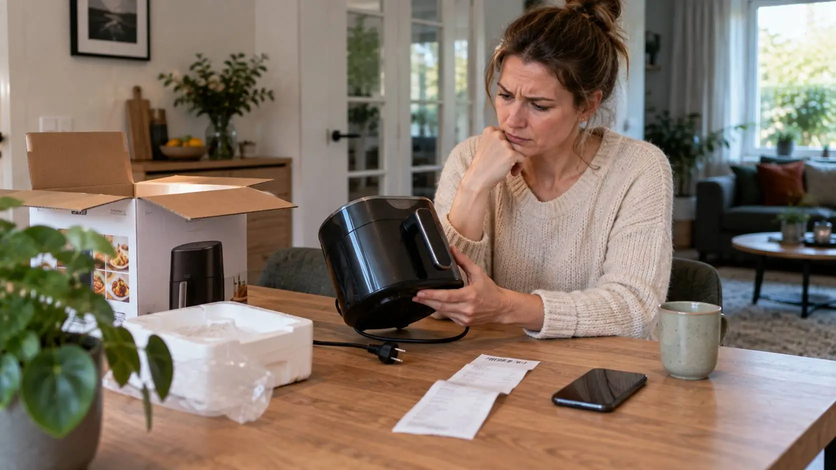 Consument onderzoekt een defecte aankoop bij bewijslast gebrekkig product