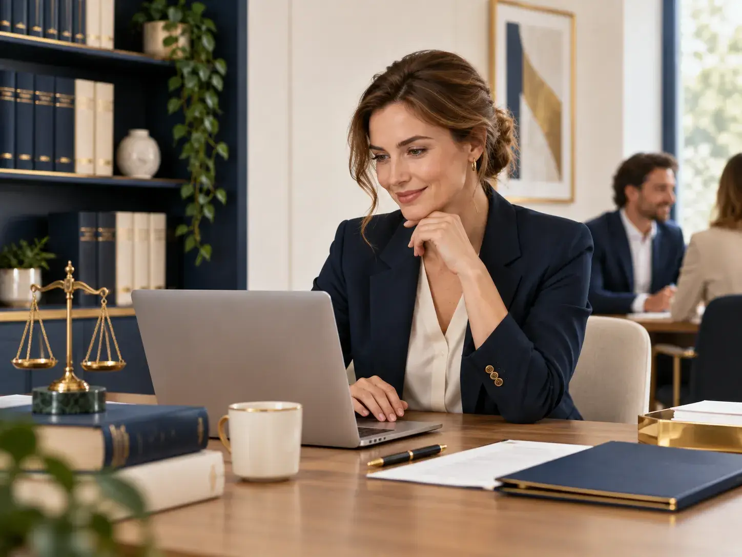 Juridisch professional werkt op een laptop in een modern kantoor, met wetboeken en symbolen van recht en juridisch advies. Registreer