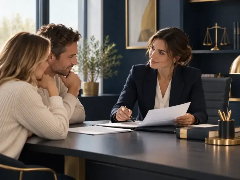 Juridisch adviseur bespreekt documenten met consumenten in een professioneel kantoor. Els Rechts