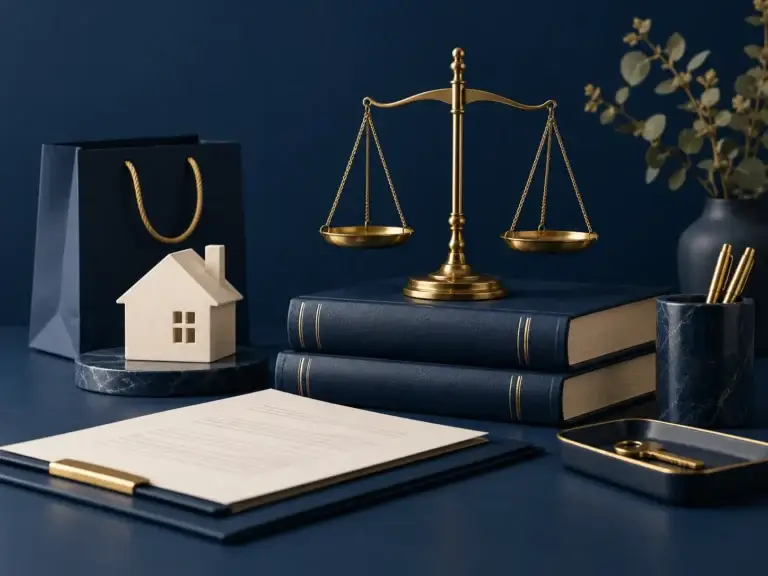 Gouden weegschaal met wetboeken, documenten, woning en boodschappentas als symbolen voor recht en consumentenrecht.