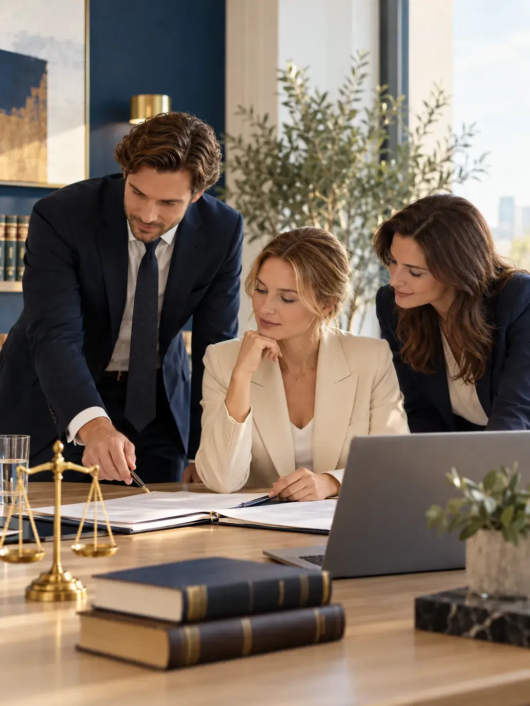 Juridische professionals werken samen aan documenten en advies over recht, consumentenrecht en betrouwbare juridische informatie. Partners